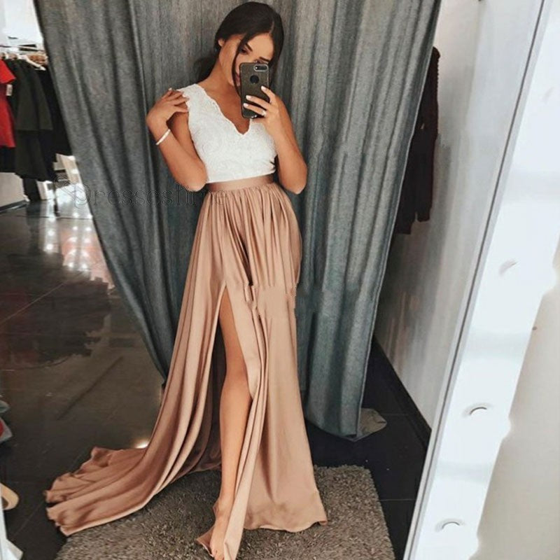 Long A-line V-neck Appliques Sleeveless Prom Dresses with Slit