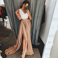 Long A-line V-neck Appliques Sleeveless Prom Dresses with Slit