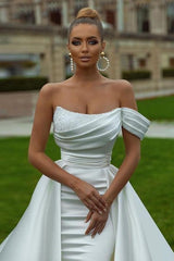 Fabulous Long Mermaid One Shoulder Chapel Train Satin Wedding Dress with Ruffles