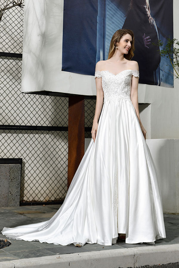 Long A-line Off the Shoulder Appliques Lace Satin Wedding Dress