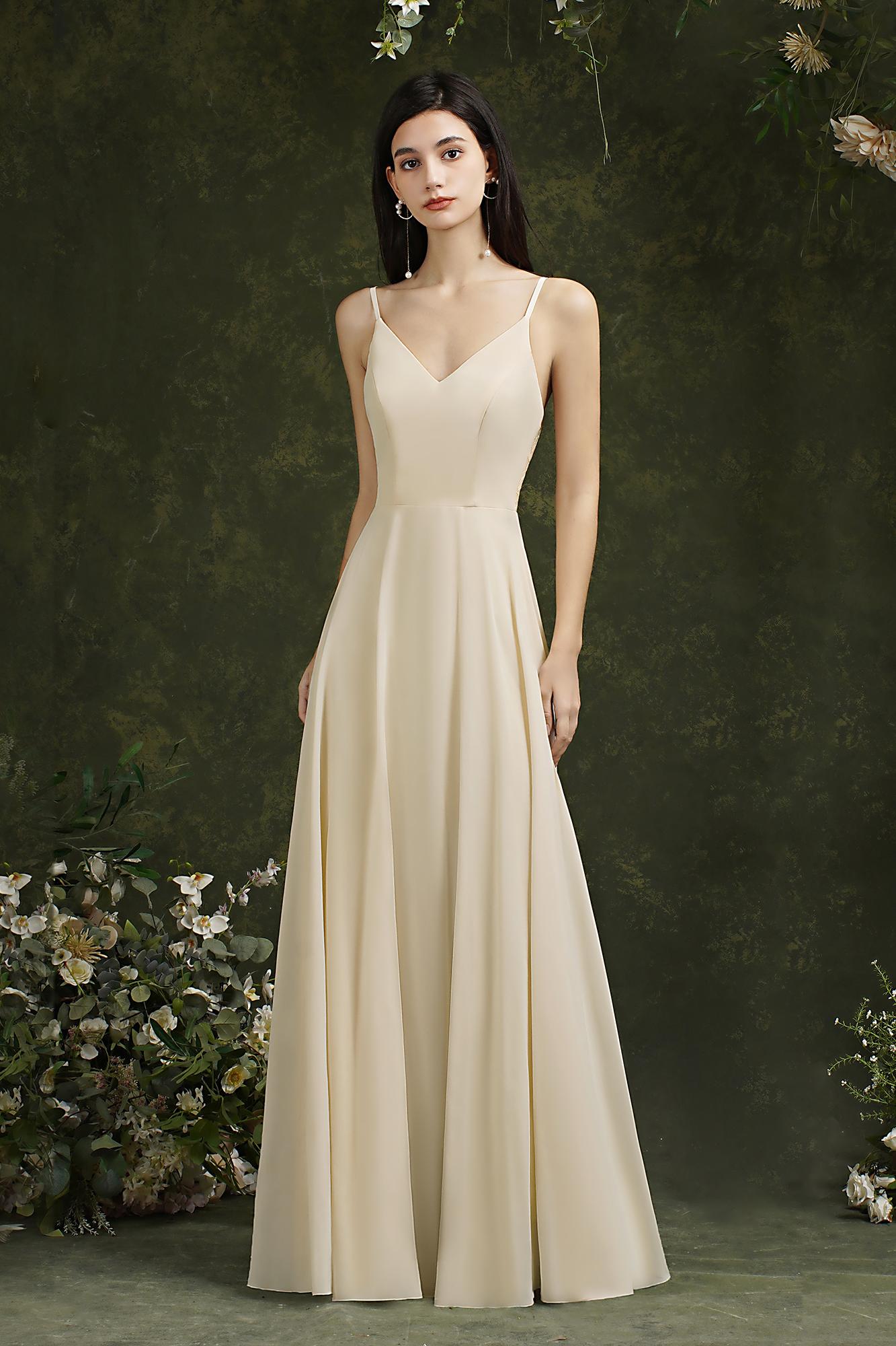 Long A-line Spaghetti Straps V-neck Floor Length Chiffon Formal Evening Dress