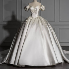 Gorgeous Long Ball Gown Off the Shoulder Satin Wedding Dresses with Sleeves