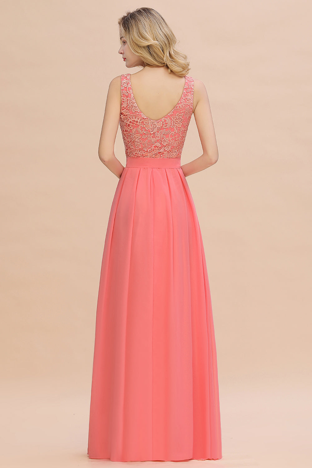 Long Bateau Sleeveless A-Line Ruffles Floor Length Chiffon Bridesmaid Dress