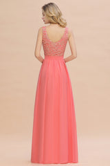Long Bateau Sleeveless A-Line Ruffles Floor Length Chiffon Bridesmaid Dress
