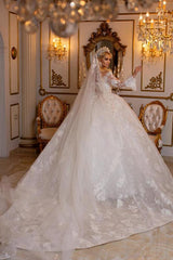 Elegant V-Neck Long Sleeves Sweetheart Floor Length Ball Gown Wedding Dress with Appliques
