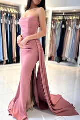 Simple Long Mermaid Strapless Satin Formal Prom Dresses