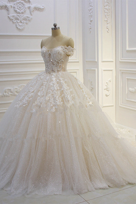 Long Off the Shoulder Sweetheart Ball Gown Appliques Lace Wedding Dress