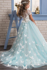 Pink Scoop Neck Short Sleeves Ball Gown Flower Girl Dress