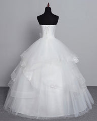 White Long Ball Gown Tulle Layered Strapless Vintage Wedding Dress
