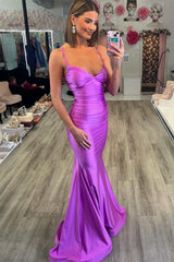 Long Spaghetti Straps Open Back Floor Length Mermaid Prom Dress