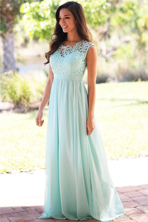 Long A-line Sleeveless Floor Length Lace Chiffon Bridesmaid Dresses