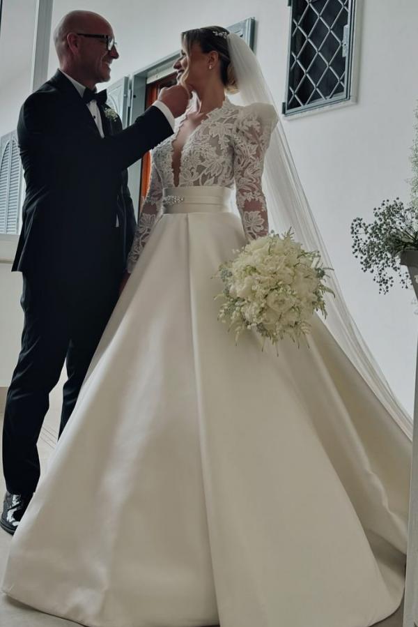 Long Sleeve Deep V-Neck A-Line Lace Satin Wedding Dress with Ruffles