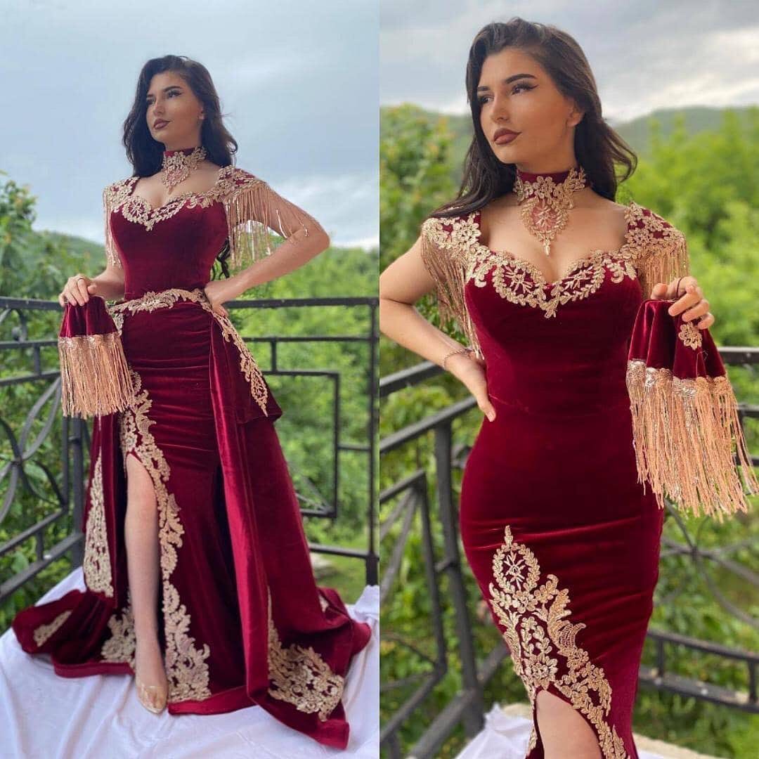 Long High Neck Appliques Lace Velvet Mermaid Formal Evening Dress With Slit