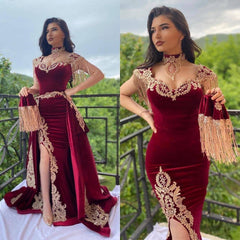 Long High Neck Appliques Lace Velvet Mermaid Formal Evening Dress With Slit