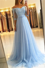 Elegant Off the Shoulder Half Sleeves Appliques Lace Tulle A-Line Prom Dress