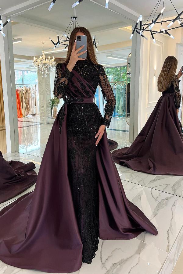 Long Sleeves Mermaid Satin High Neck Sequins Evening Dresses with Sweep Train