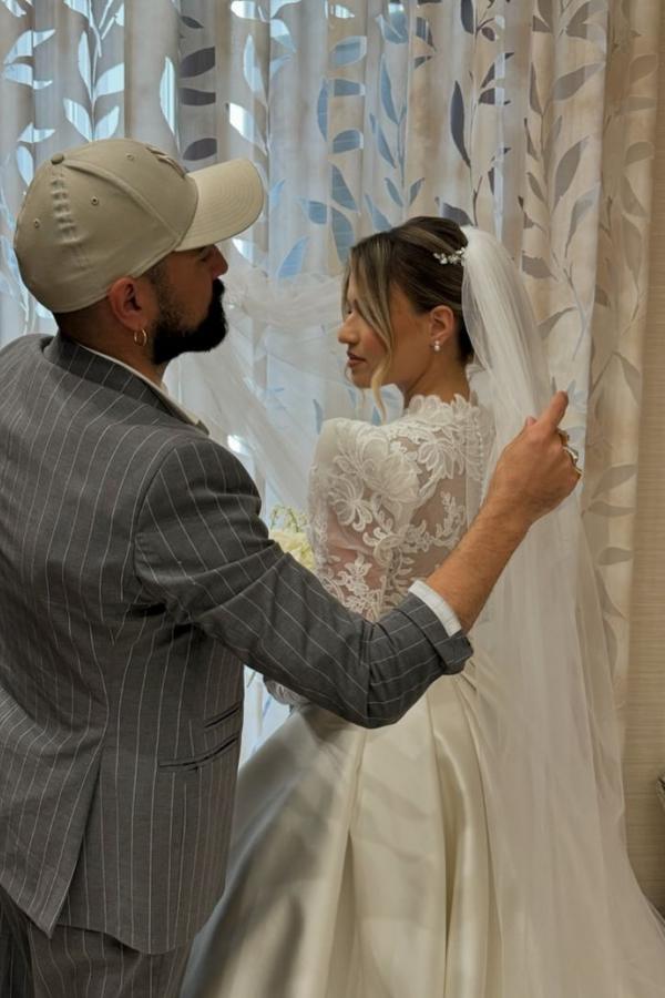 Long Sleeve Deep V-Neck A-Line Lace Satin Wedding Dress with Ruffles