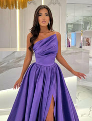 Elegant Long A-line One Shoulder Satin Formal Prom Dresses with Slit