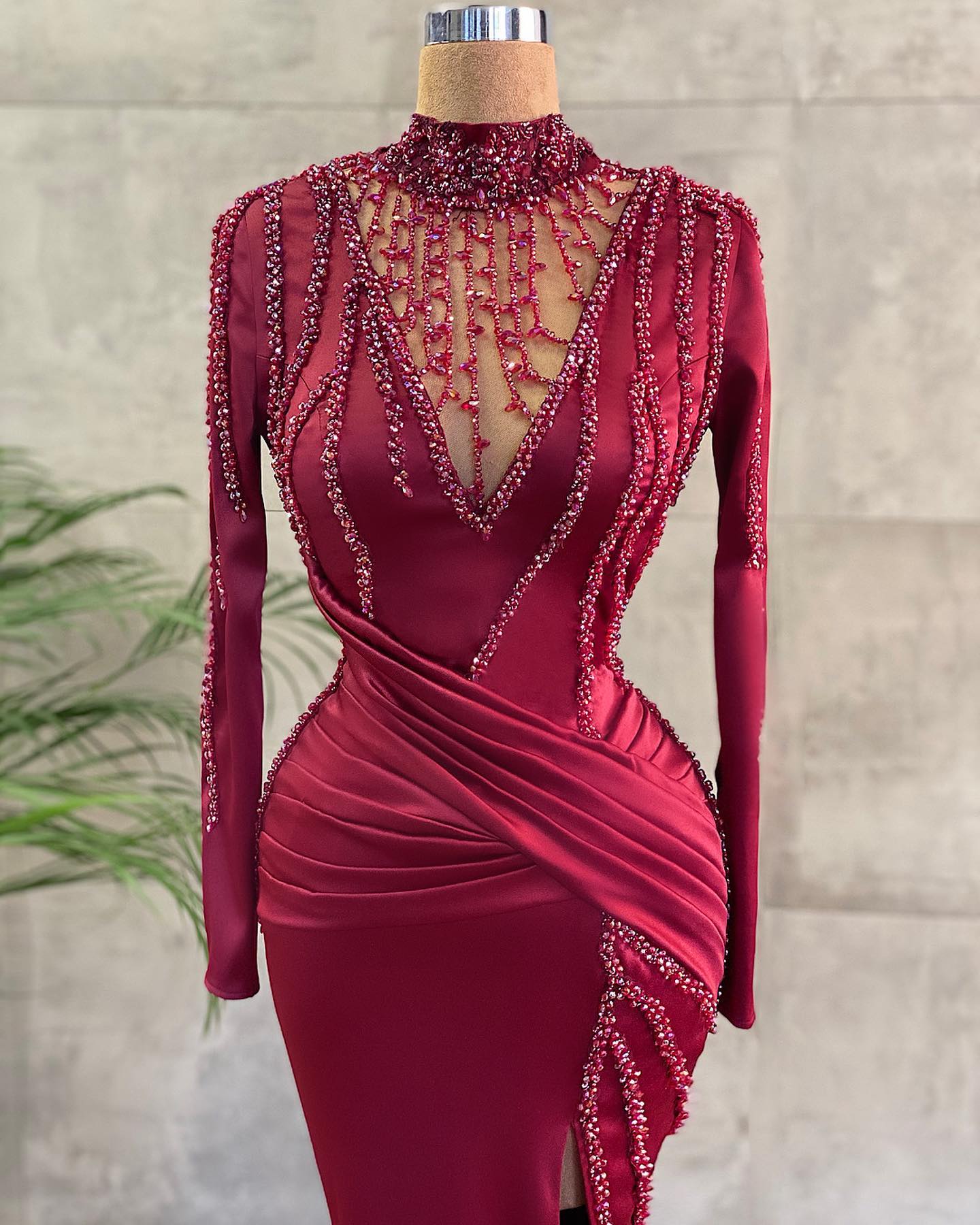 High Neck Long Sleeve Beading Floor Length Ruffles Mermaid Prom Dress With Split