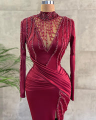 High Neck Long Sleeve Beading Floor Length Ruffles Mermaid Prom Dress With Split