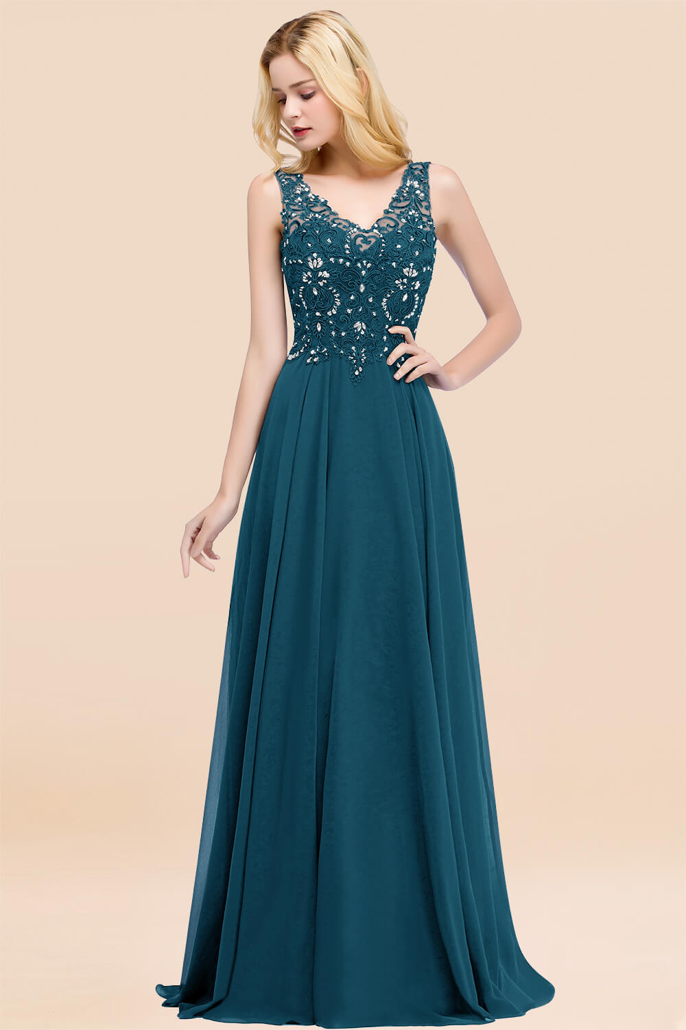 A-line Chiffon Appliques V-neck Sleeveless Floor Length Bridesmaid Dresses with Crystals