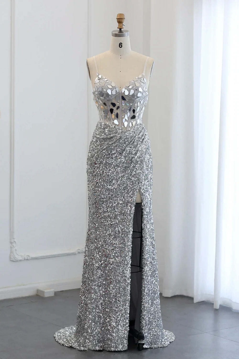 Sparkly Spaghetti Straps Mermaid Backless Split Front Prom Dress with Sequins