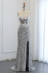 Sparkly Spaghetti Straps Mermaid Backless Split Front Prom Dress with Sequins