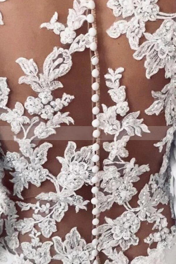 Simple Long Mermaid Satin Lace Back Wedding Dresses with Sleeves