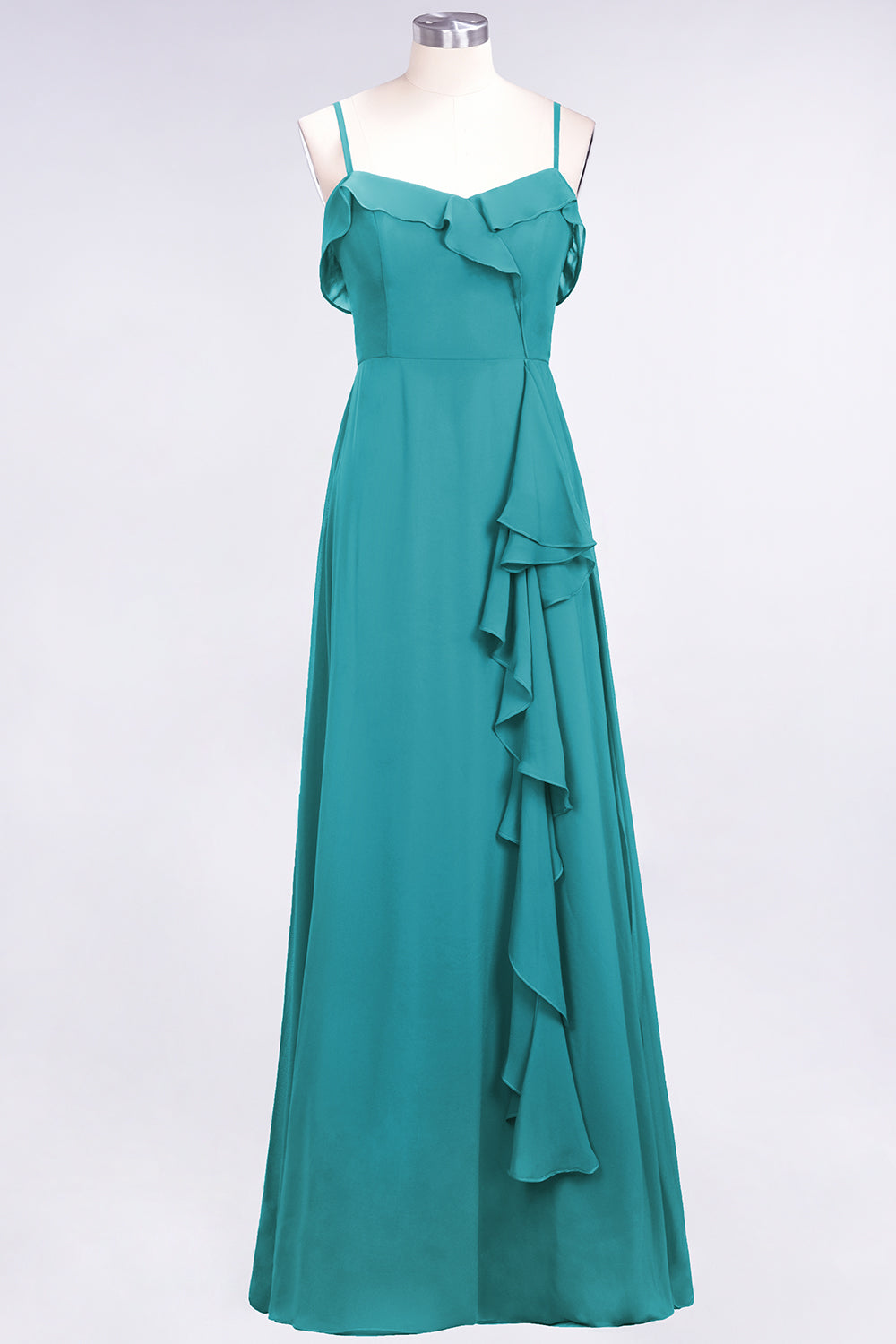 Spaghetti Straps A-Line Chiffon Backless Floor Length Prom Dress With Ruffles