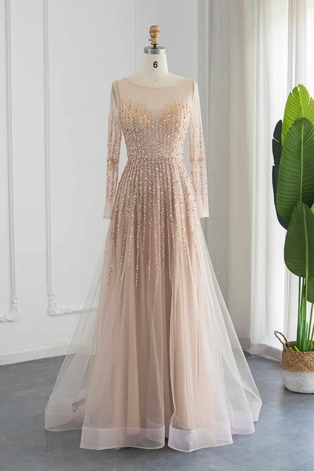 Long A-line Jewel Sequins Tulle Formal Prom Dresses with Sleeves
