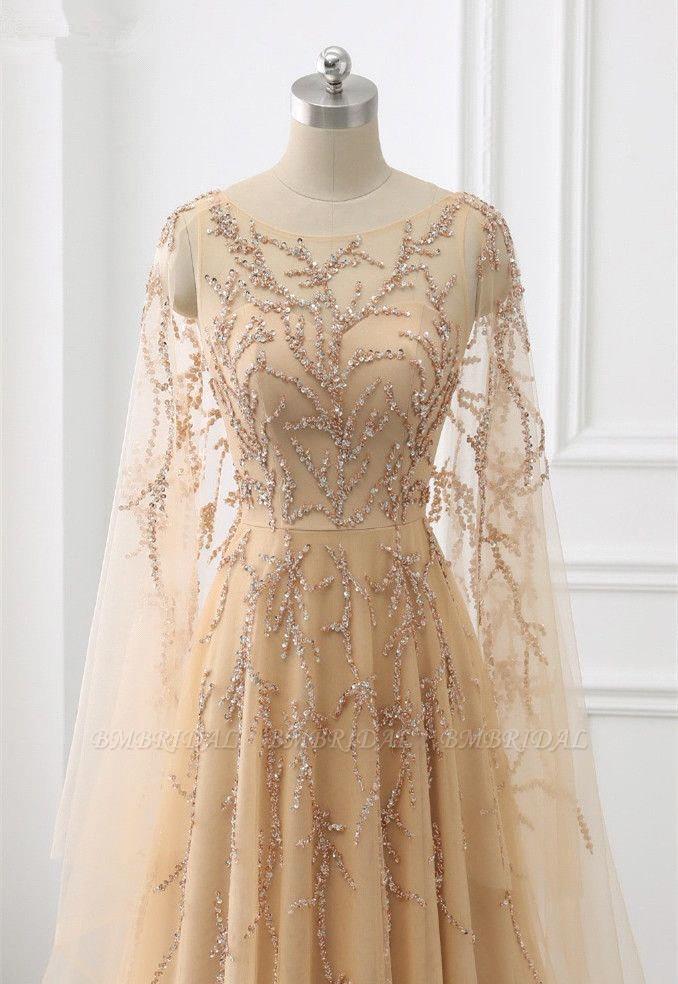 Long Sleeves Backless A-Line Tulle Beading Formal Evening Dress