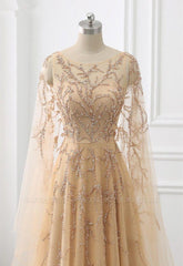 Long Sleeves Backless A-Line Tulle Beading Formal Evening Dress