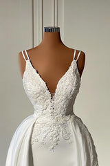 Elegant Ivory A-line V-neck Satin Sleeveless Long Wedding Dresses with Appliques