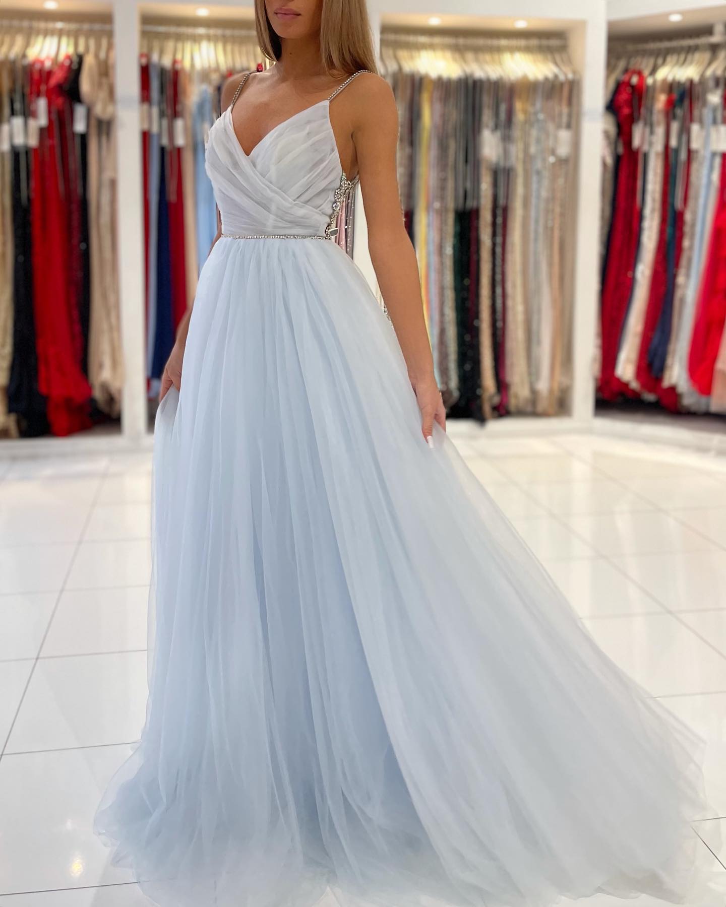 Long Spaghetti Straps V-neck Beading A-Line Tulle Ruffles Prom Dress