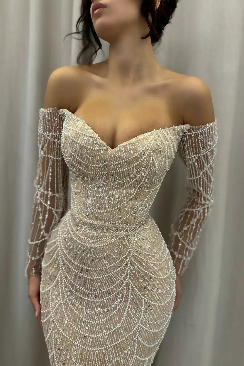Long Off the Shoulder Mermaid Sequins Beadings Prom Dresses with Sleeves
