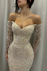 Long Off the Shoulder Mermaid Sequins Beadings Prom Dresses with Sleeves