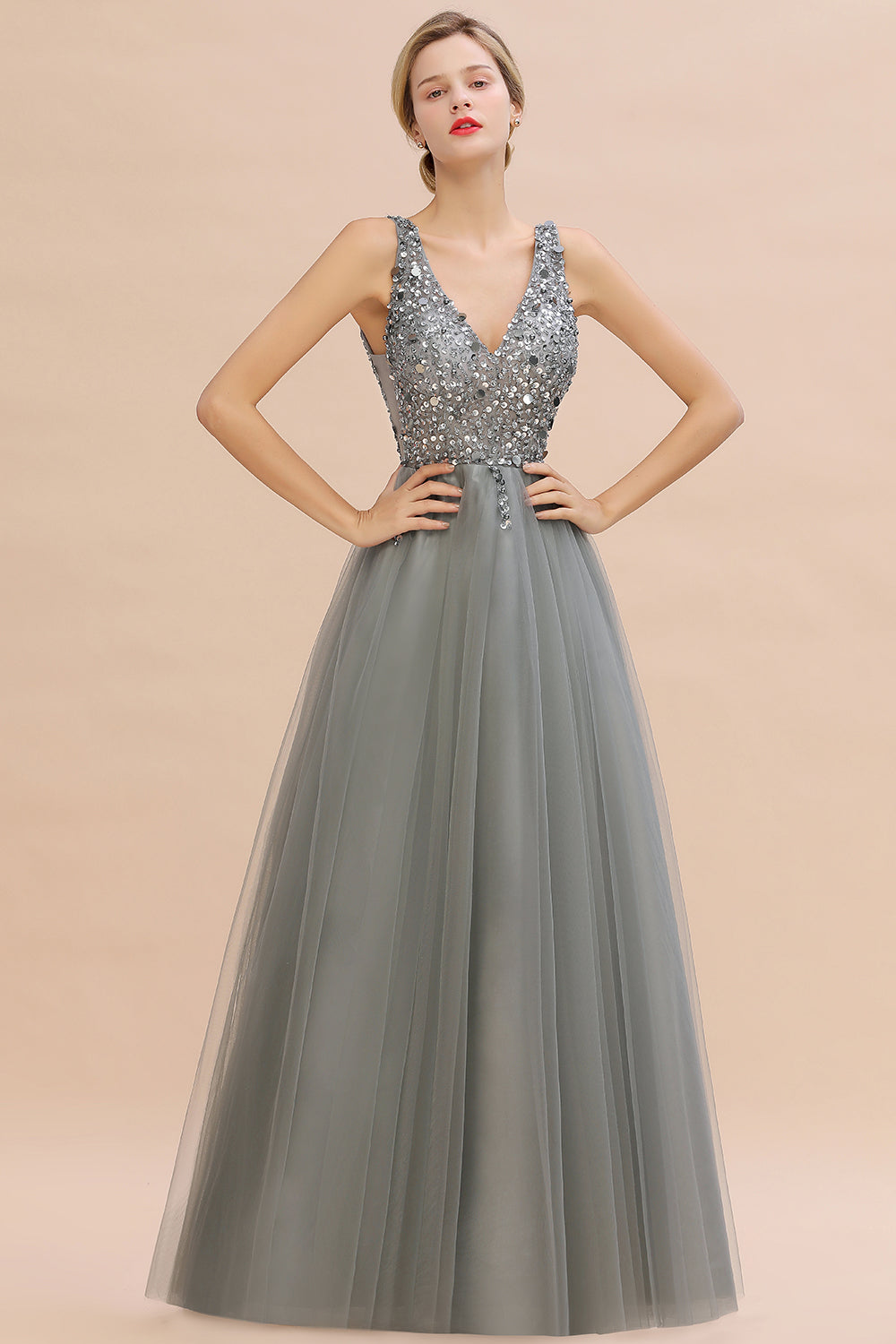 Long V-neck Tulle A-line Chiffon Beaded Formal Evneing Dress