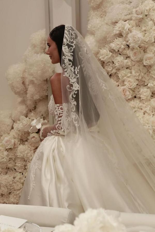 Gorgeous Long Off the Shoulder Lace Satin Wedding Dresses with Sleeves