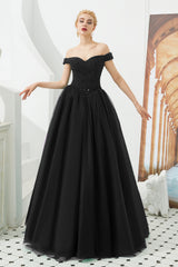 Long A-line Off the Shoulder Tulle Sequin Formal Dresses