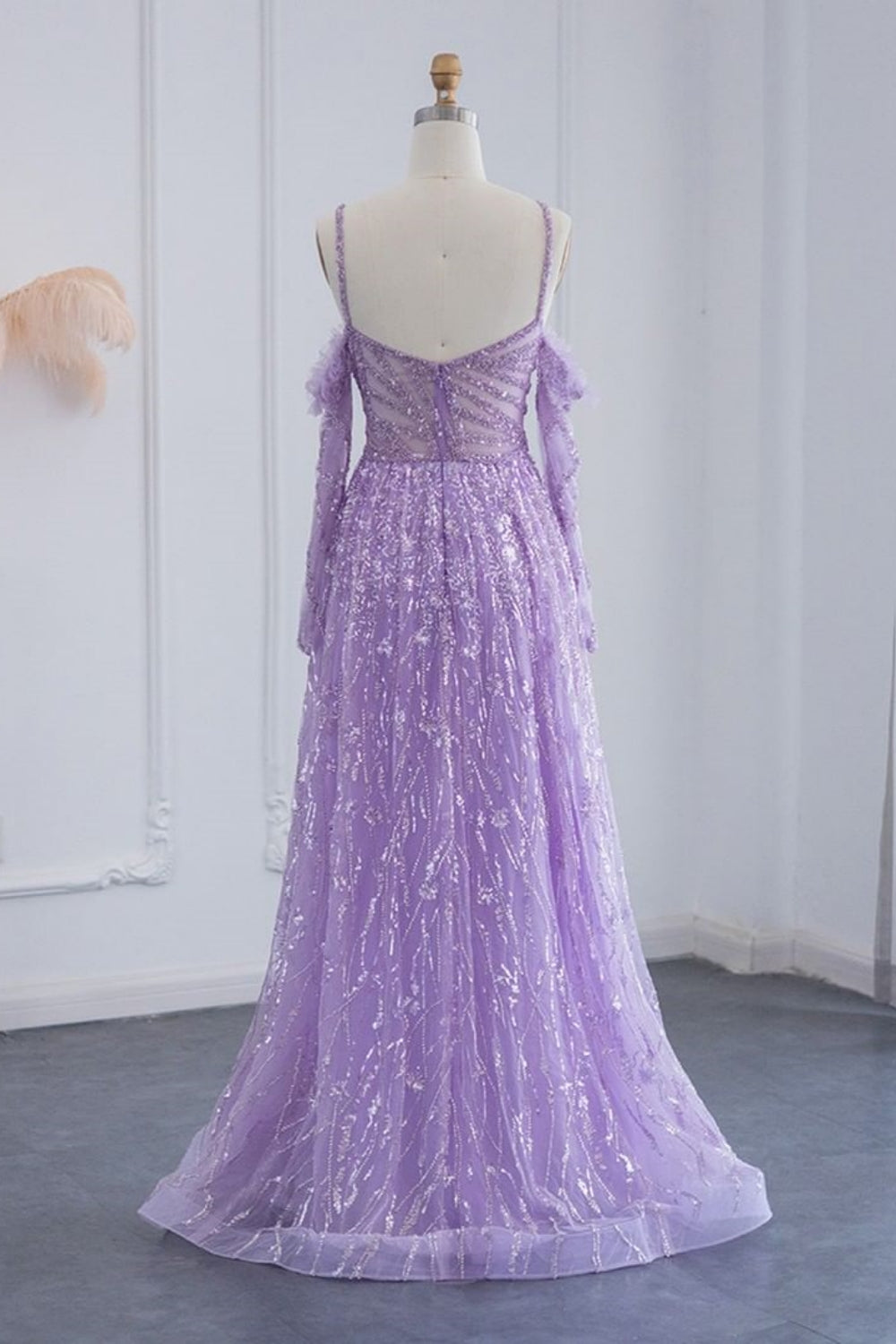 Long A-line Spaghetti Straps Fur Beadings Evening Party Dress with Sleeves