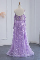 Long A-line Spaghetti Straps Fur Beadings Evening Party Dress with Sleeves