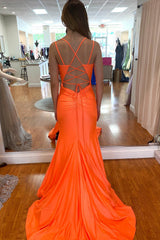 Orange Long Spaghetti Straps Backless Mermaid Prom Dress With Split