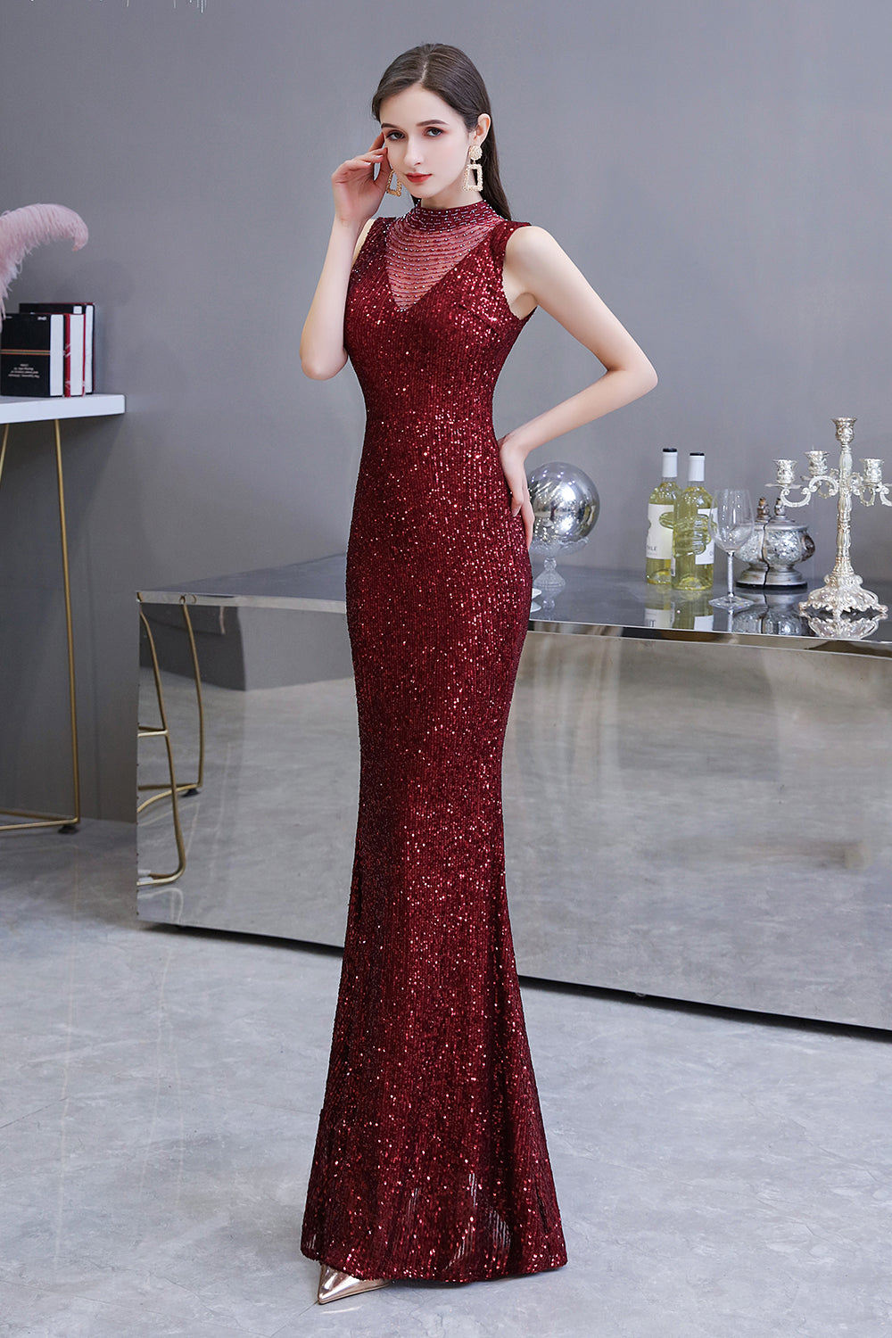 Gorgeous Mermaid Burgundy Sequins Long Formal Evening Dresses