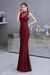 Gorgeous Mermaid Burgundy Sequins Long Formal Evening Dresses