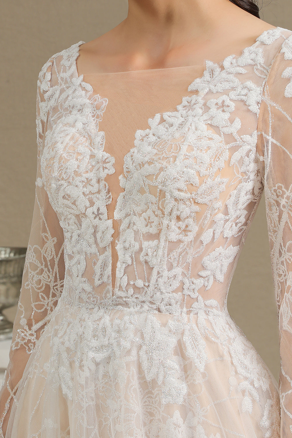 Long A-line V-neck Tulle Lace Wedding Dress with Sleeves