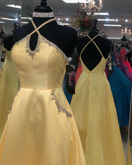Long Halter Satin A-line Satin Backless Prom Dress