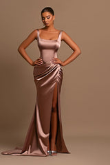 Simple Long Mermaid Satin Formal Prom Dresses with Slit