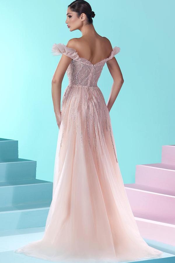 Unique Mermaid Off the shoulder V-neck Tulle Beading Long Prom Dresses