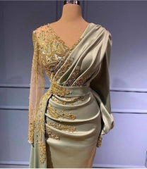 Long Mermaid Satin V-neck Beads Applique Formal Dress with Sleeves