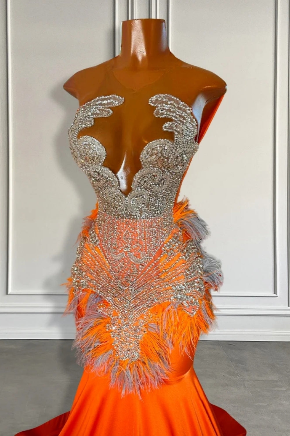 Elegant Orange Long Mermaid Beaded Satin Prom Dresses